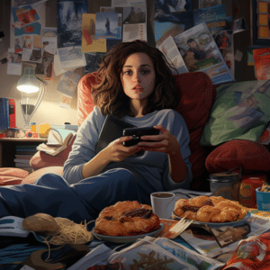 A woman sitting in piles of dopamine inducing junk food, scrolling o n her phone looking anxious.