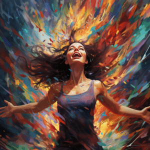 A woman depicted breaking free of unconscious living or the matrix, colors bursting around her and a joyous smile on her face.