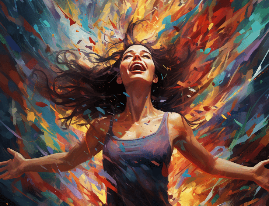 A woman depicted breaking free of unconscious living or the matrix, colors bursting around her and a joyous smile on her face.